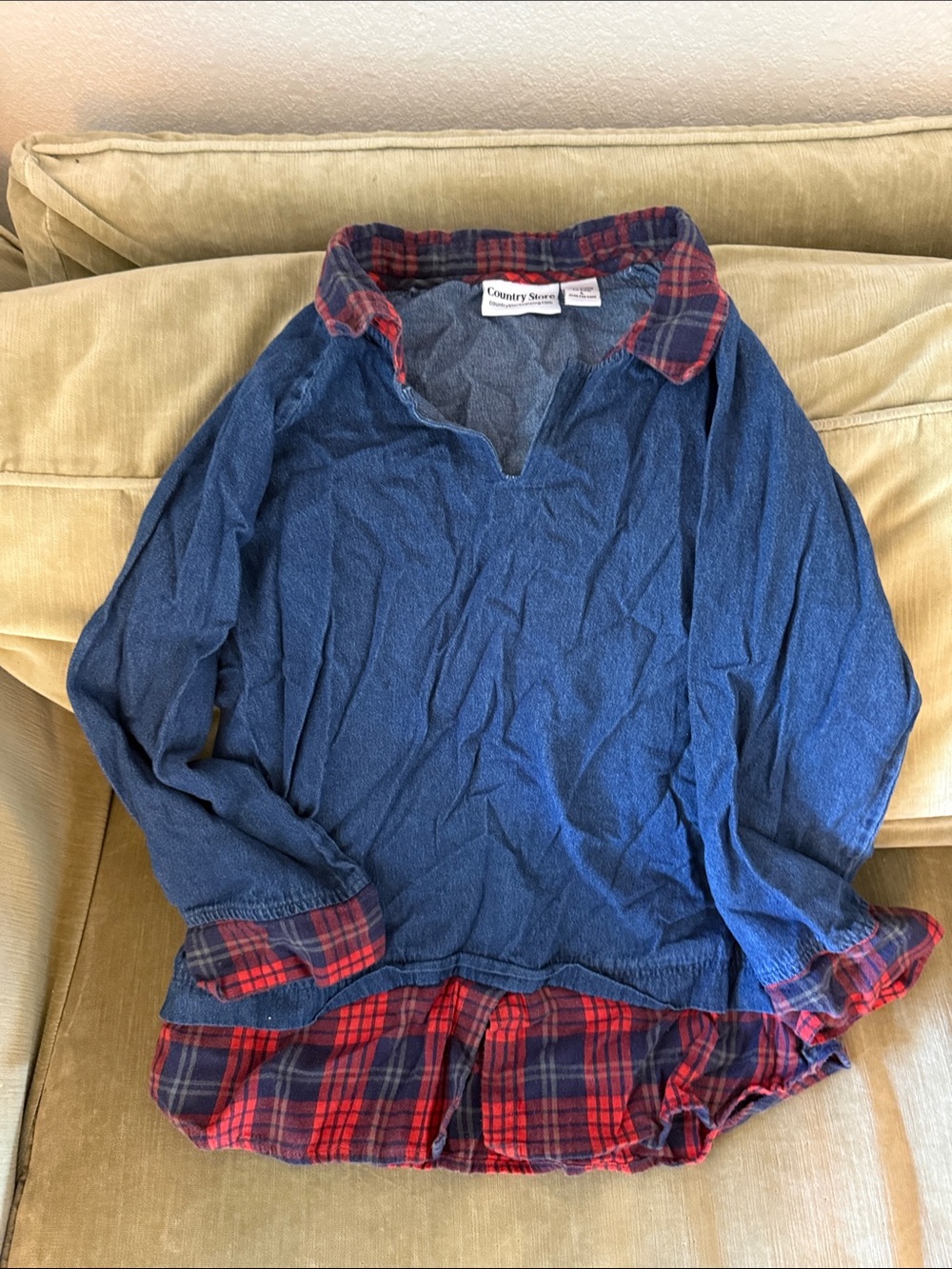 Blue Jean Knit Top with Red Plaid Trim